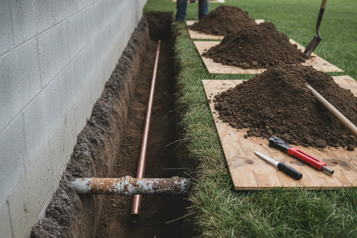 Excavated water line trench during Water Heater Repair in Pickering